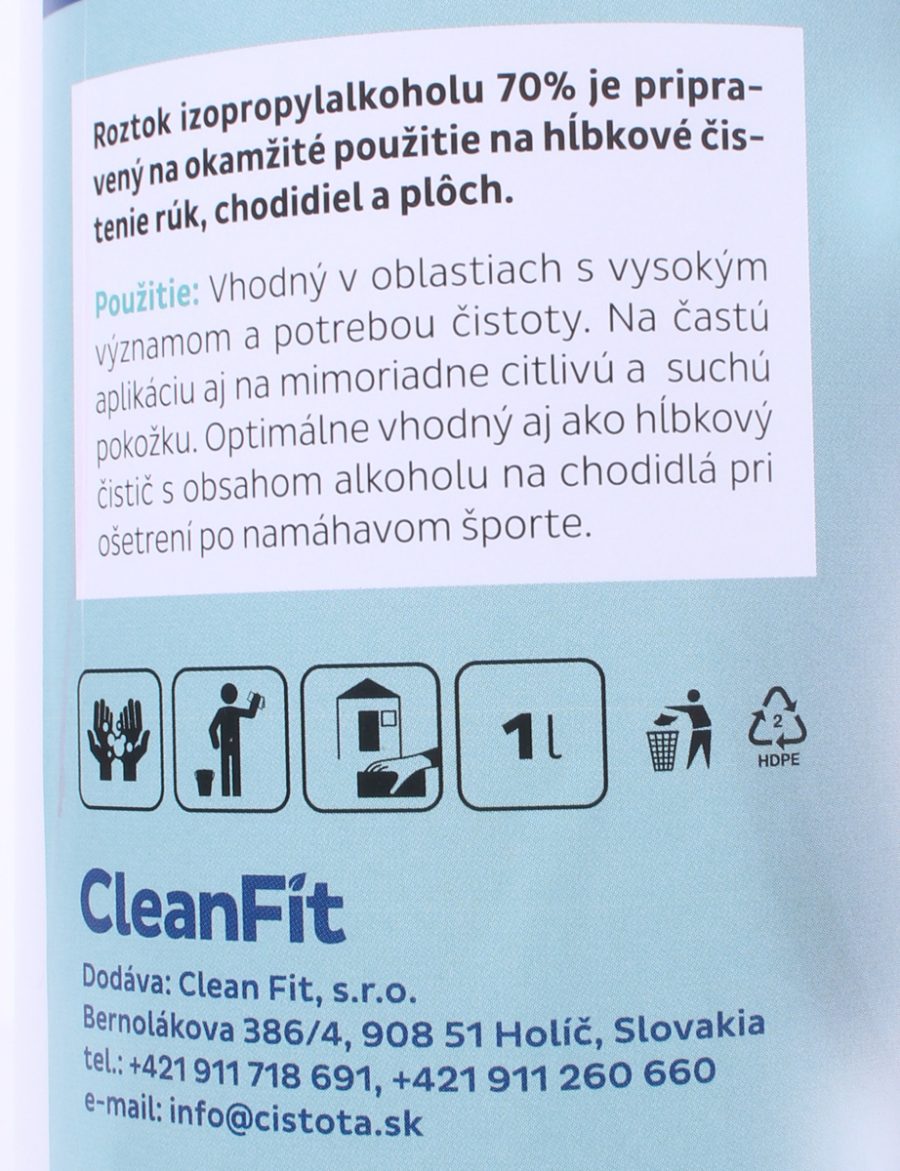 CleanFit dezinfekčný roztok IZOPROPYL 70% s rozprašovačom 1 l - Image 3