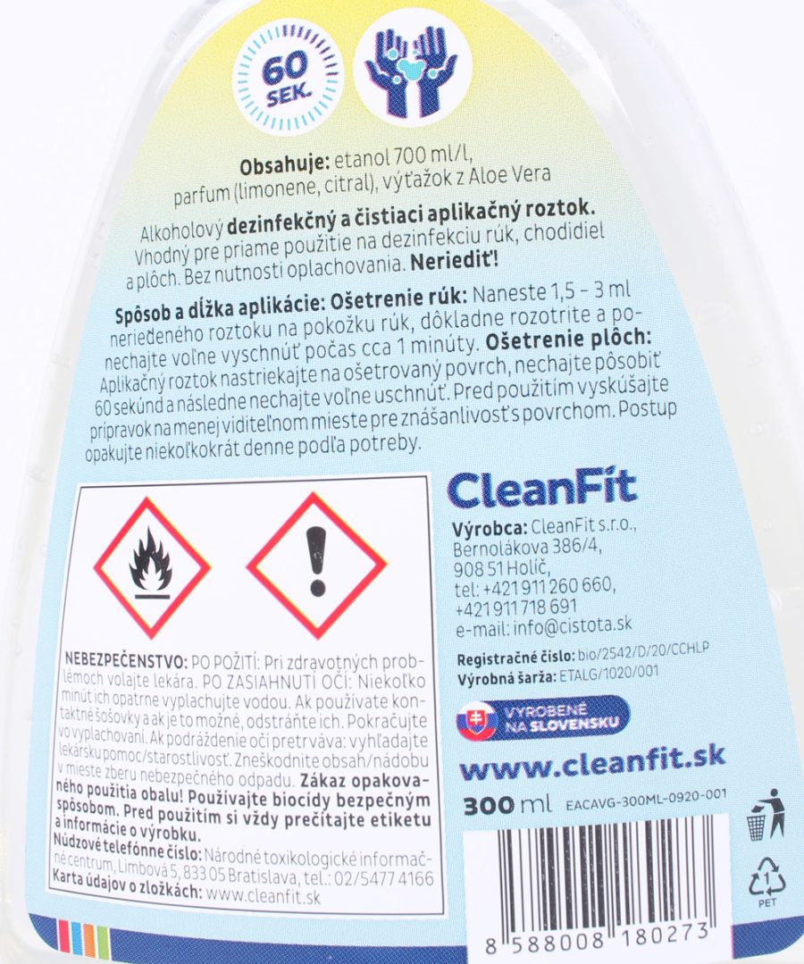 CleanFit dezinfekčný gél 70% citrus na ruky s pumpičkou 300 ml - Image 2