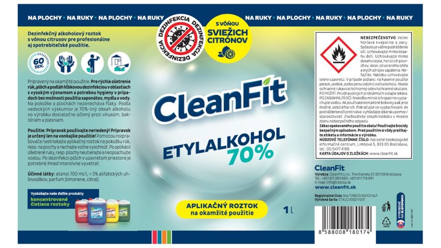 CleanFit dezinfekčný roztok Etylakohol 70% citrus 1 l + rozprašovač ZDARMA - Image 2