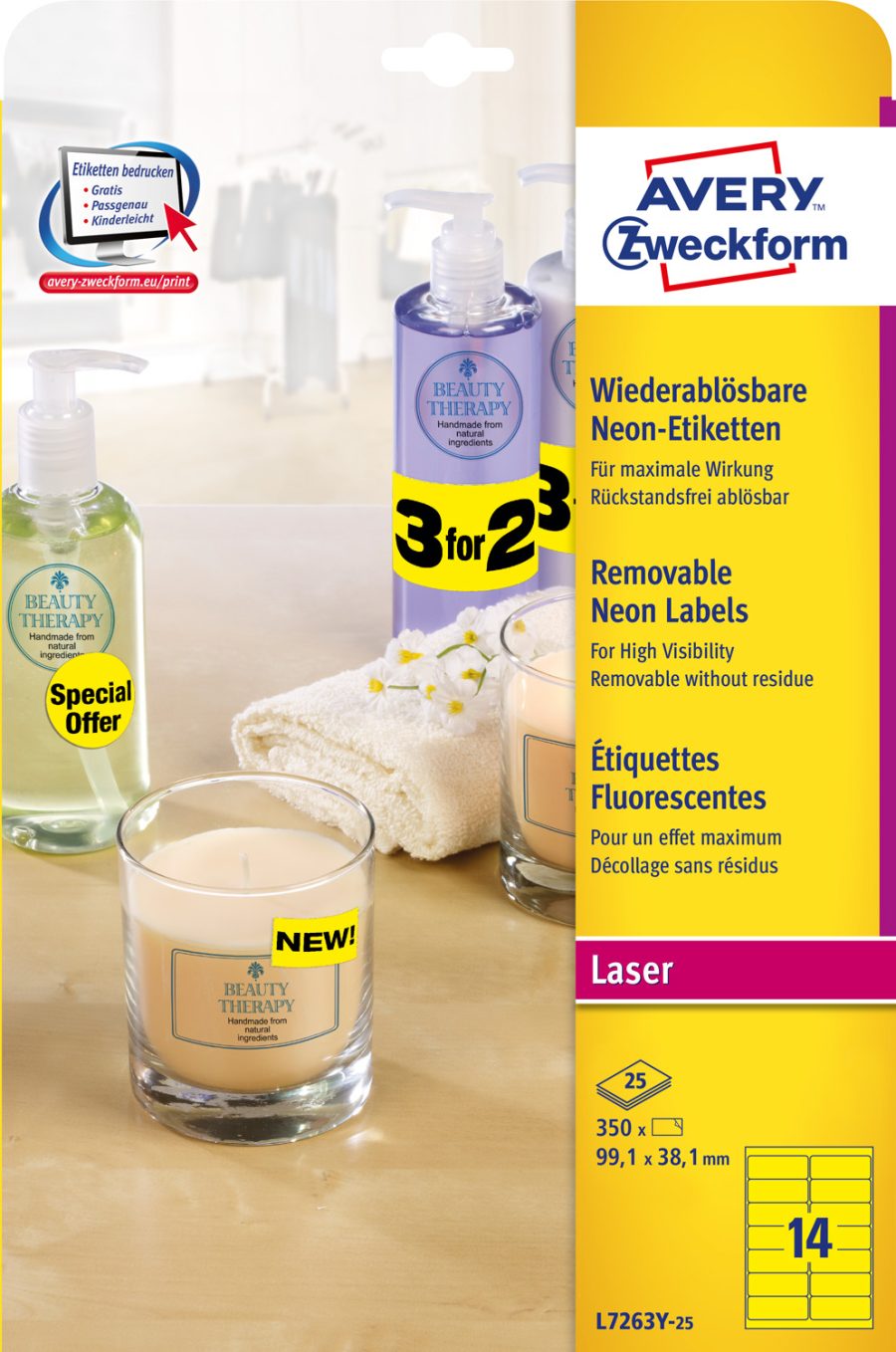 Etikety Avery odnímateľné 99,1x38,1 mm neónové žlté - Image 3