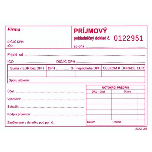 Príjmový pokladničný doklad s DPH, samoprepis, A6, číslovaný, 100 listov