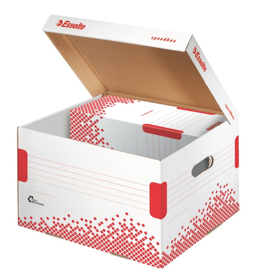 Archívna krabica Esselte Speedbox M so sklápacím vekom biela/červená 367×263×325 mm - Image 5