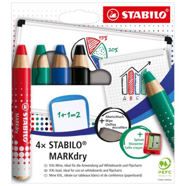 Sada STABILO MARKdry na tabuľu a flipchart 4f so strúhadlom a utierkou
