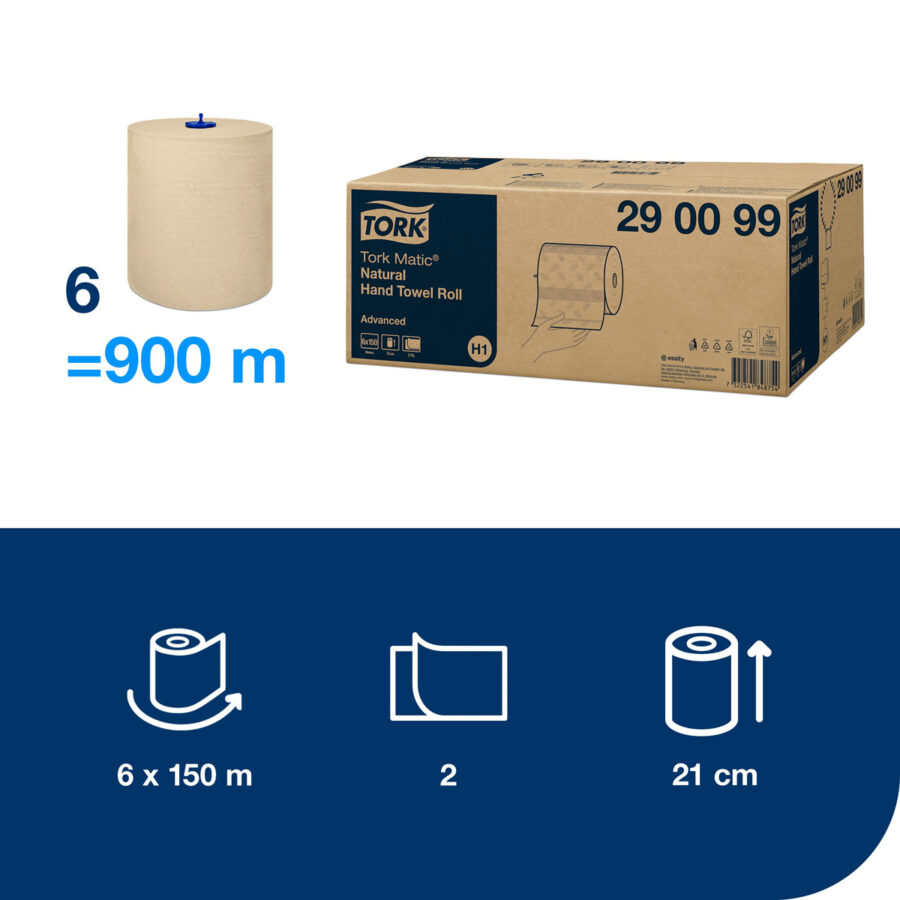 Papierové utierky v rolke 2-vrstv. TORK Matic natural 150m/600 útržkov H1 6ks - Image 2